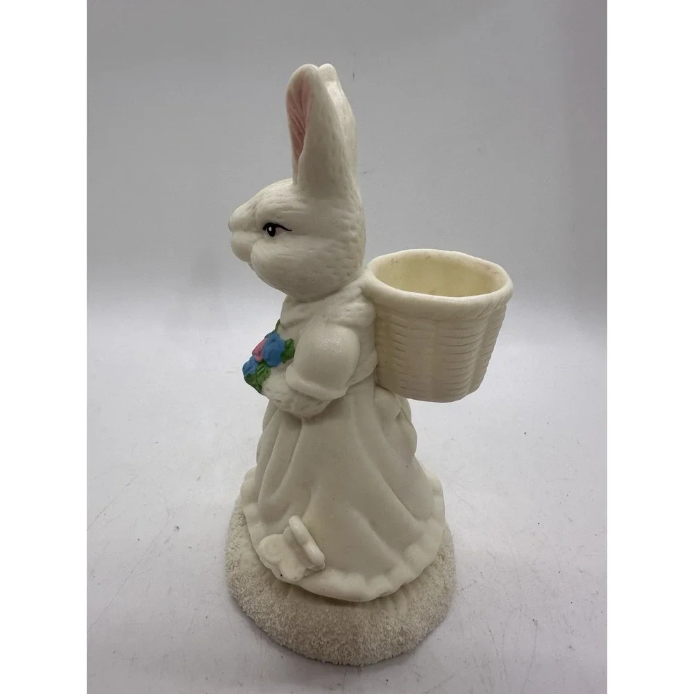 Vintage Easter Bunny Rabbit candleholder Figurine White Dress 5‎ Inch